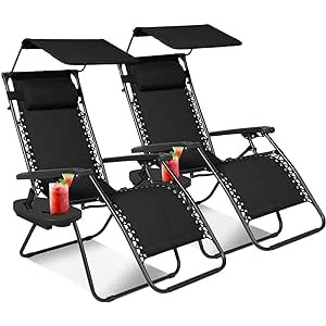 Black Heavy Duty Textoline Zero Gravity Chairs, Garden Outdoor Patio Sun Loungers | Folding Reclining Chairs - Set of 2