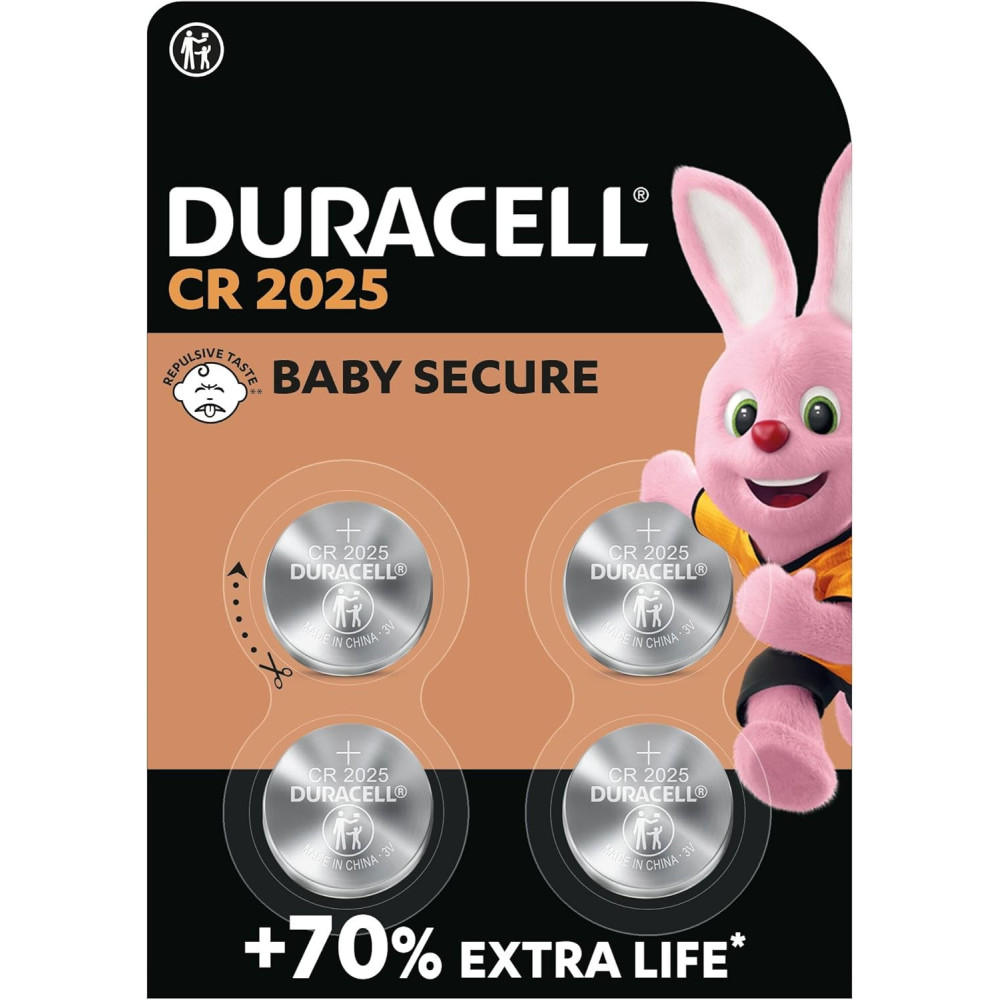 DURACELL 2025 Lithium Coin Batteries 3V (4 Pack) - Up to 70% Extra Life